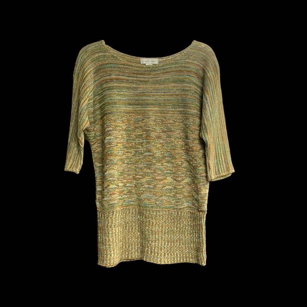 CHRISTOPHER & BANKS Gold Sweater‎ With Green Metallic Threads Size Petite Small